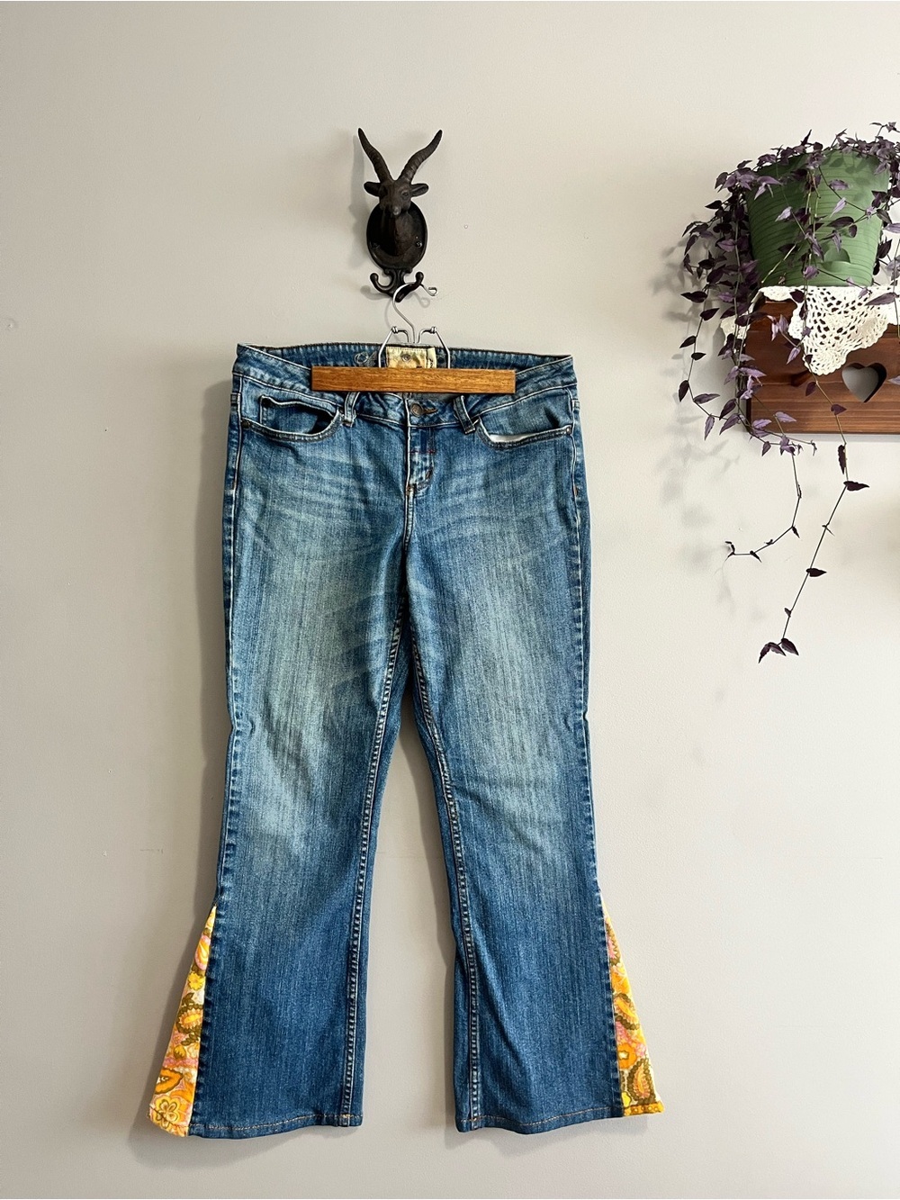 Women’s Blue Denim Jeans with Yellow Paisley Inset size 13